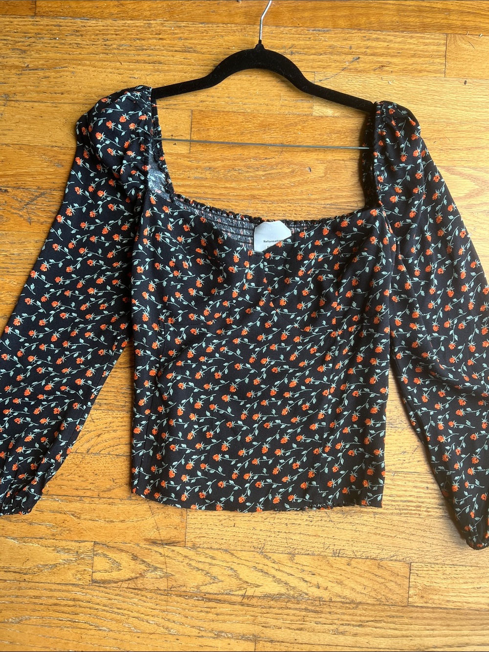 Reformation Black Top with Orange Floral Print and Square Neckline